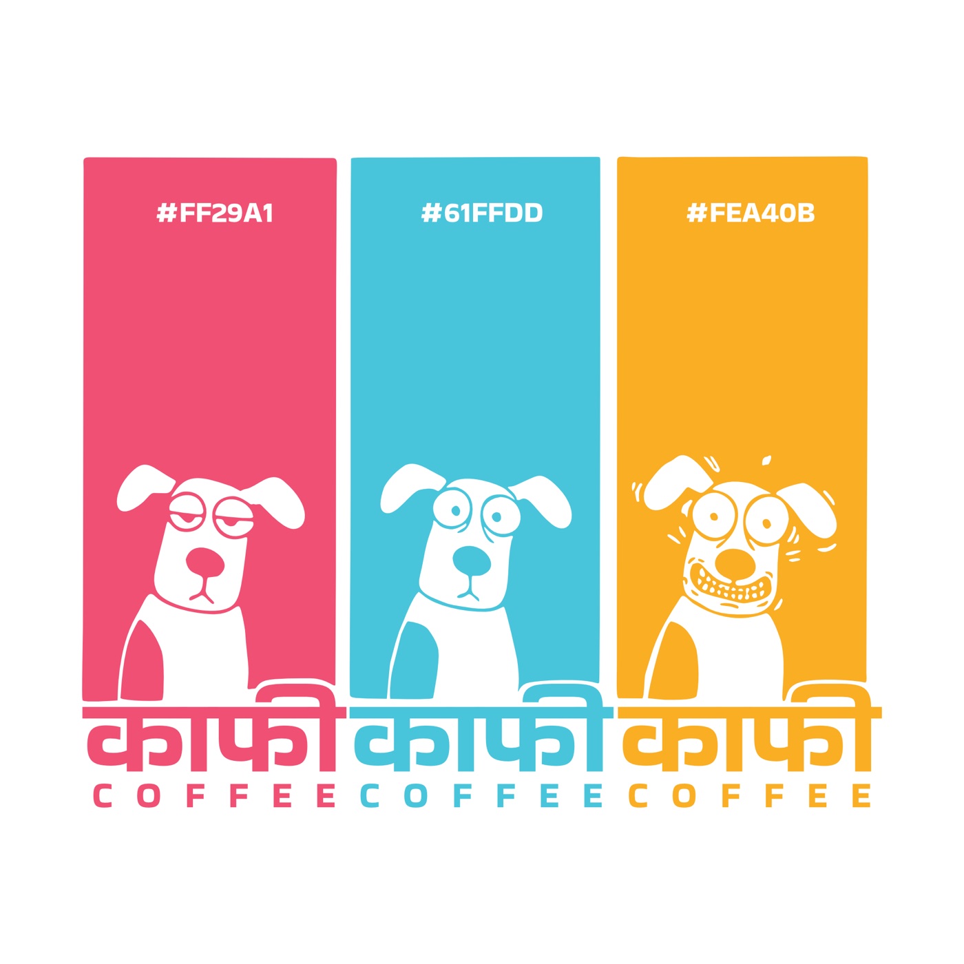 Three Kaafi lockups with a sleepy pink, calm teal and wide-eyed yellow dog