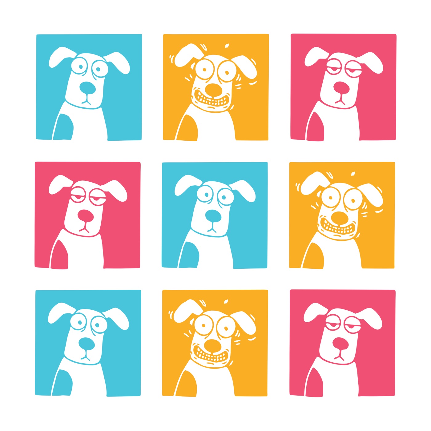 Grid of nine Kaafi dog tiles in pink, teal and yellow