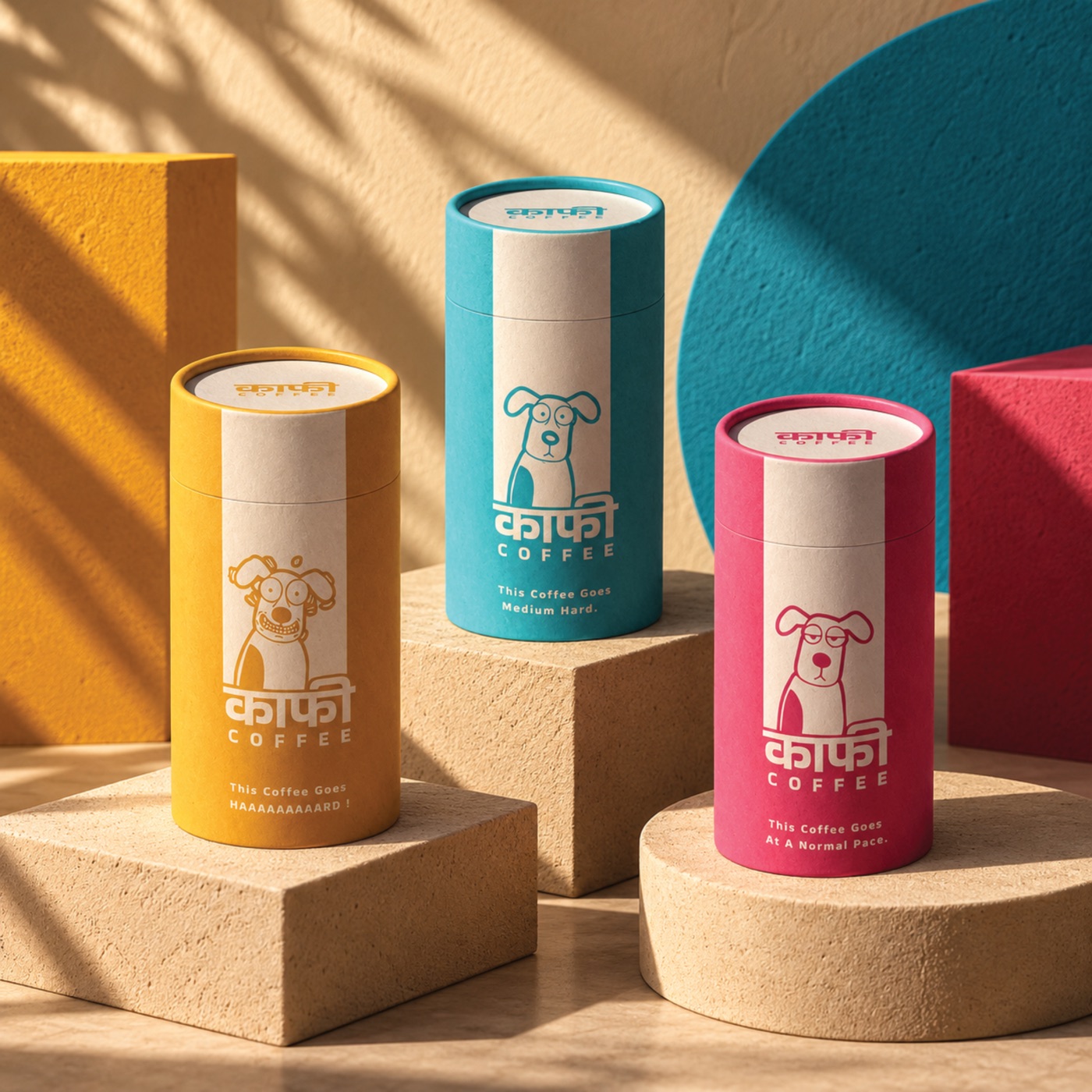 Three Kaafi coffee tubes in yellow, teal and pink