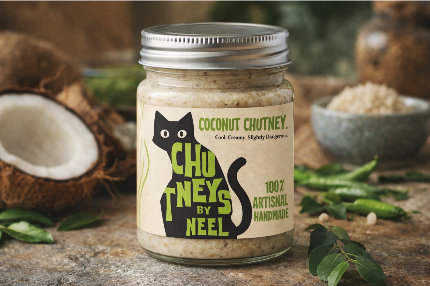 Jar of Chutneys By Neel coconut chutney beside a split coconut