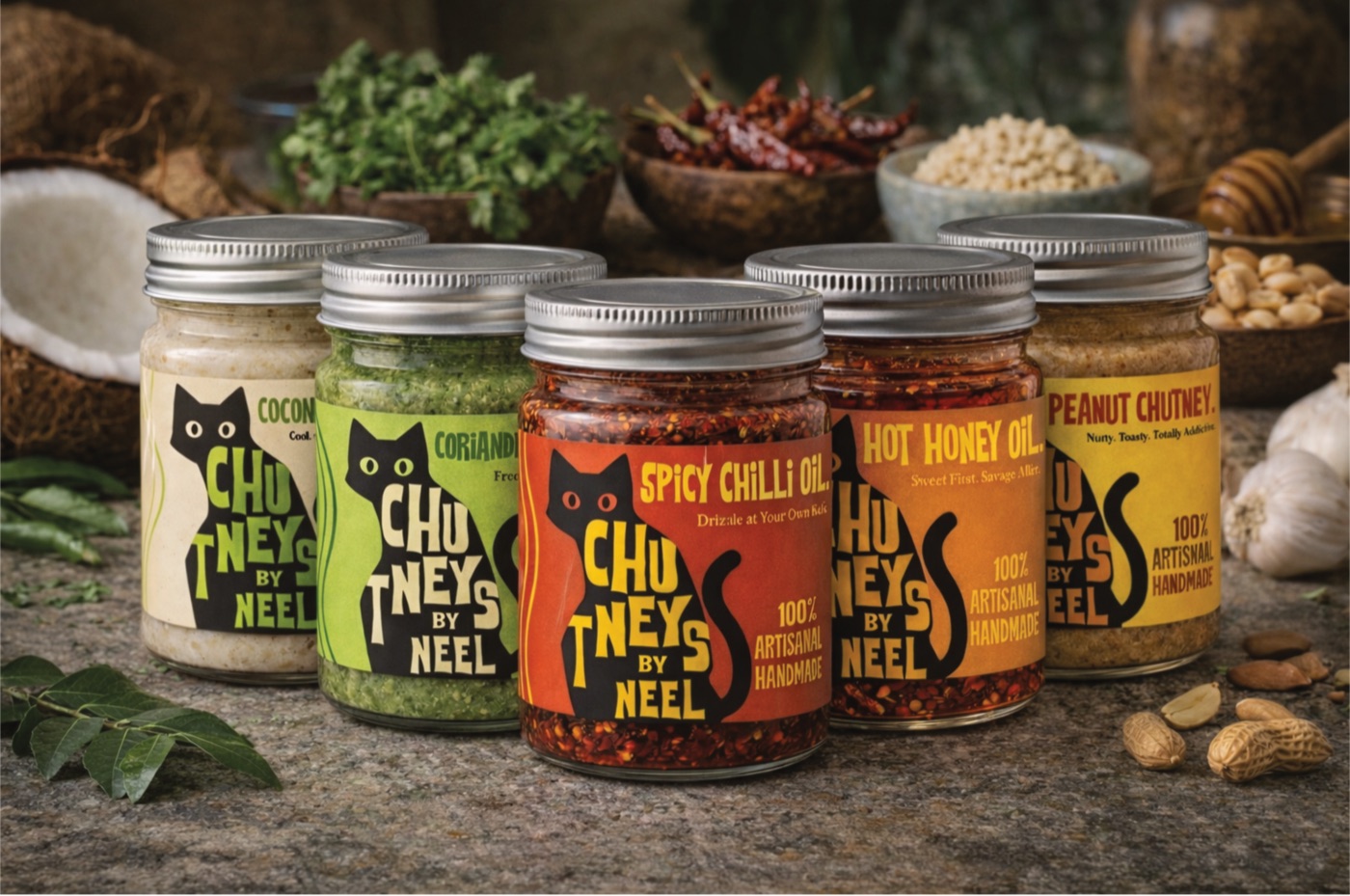 Five Chutneys By Neel jars in a row