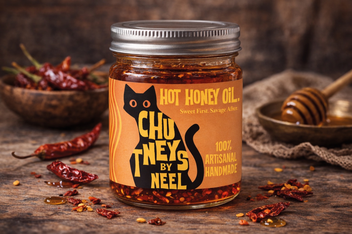 Jar of Chutneys By Neel hot honey oil with dried chillies and honey