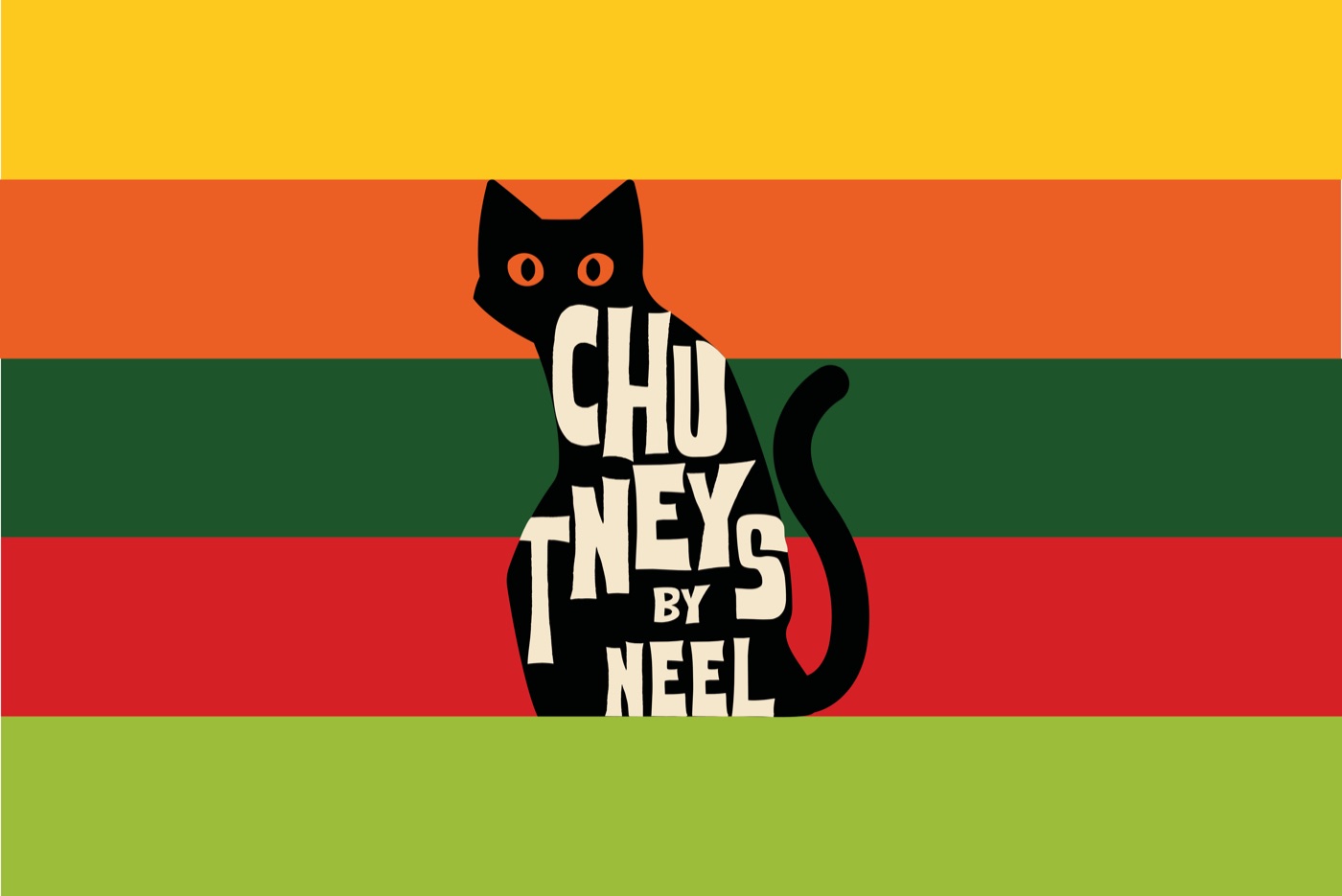Chutneys By Neel logo, the name set inside a black cat, over stripes of yellow, orange, green, red and lime