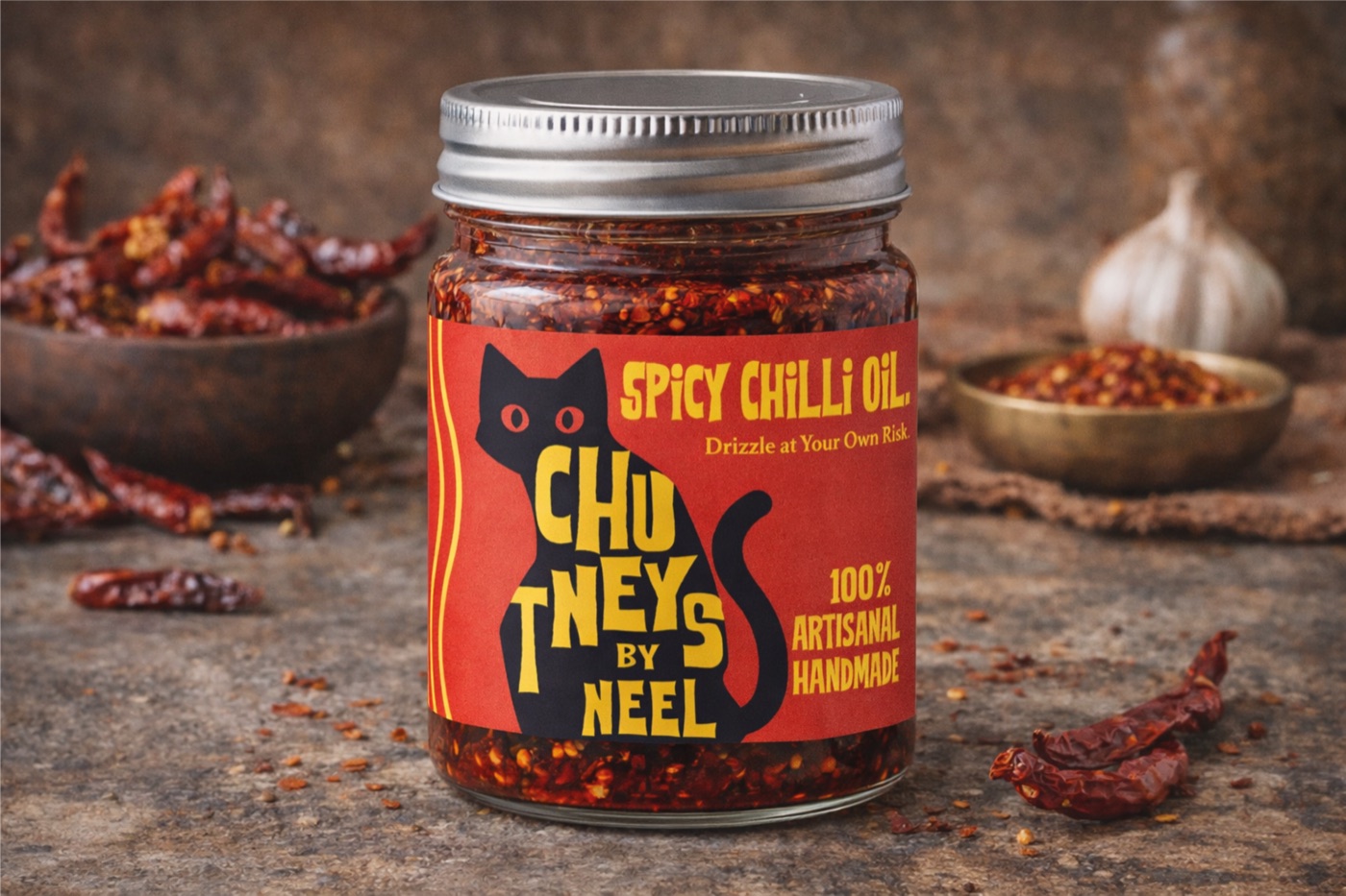 Jar of Chutneys By Neel spicy chilli oil among dried red chillies